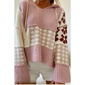 POL Pink & Cream Colorblock Hooded Sweater
